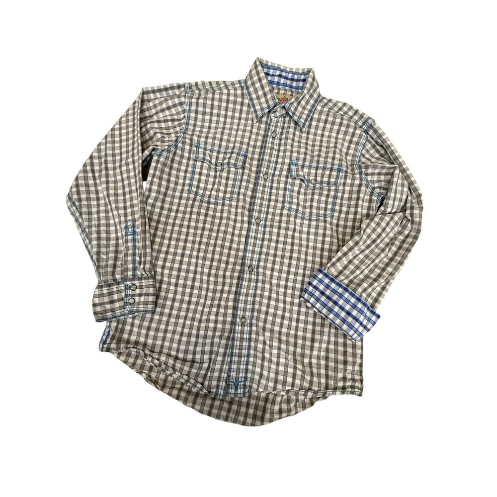 Wrangler 20X Youth Boy Lg Long Sleeve Gray Gingham Check With‎ Blue Plaid